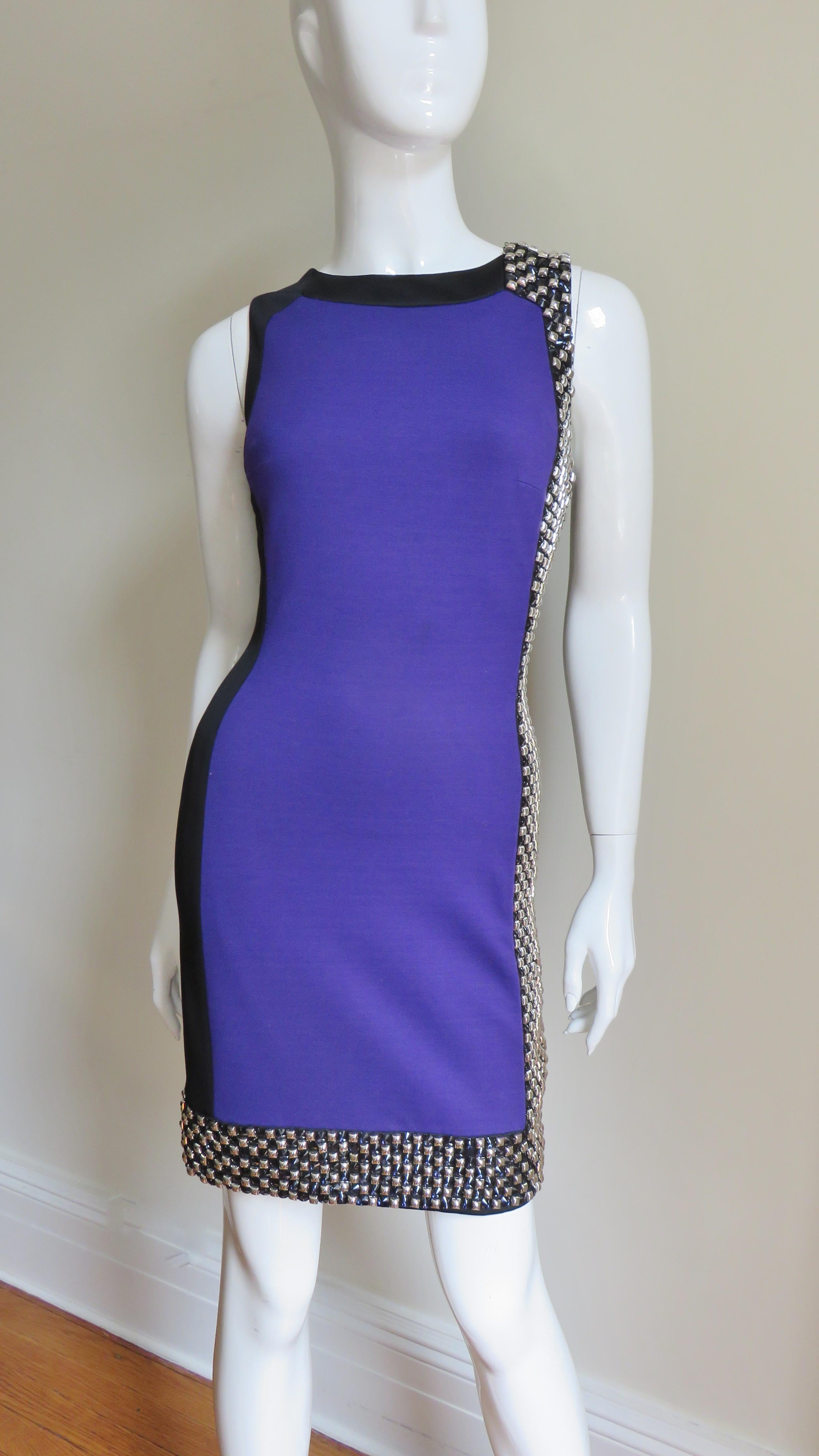 Women's Versace Studded Color Block Silk Dress with Ruched Back