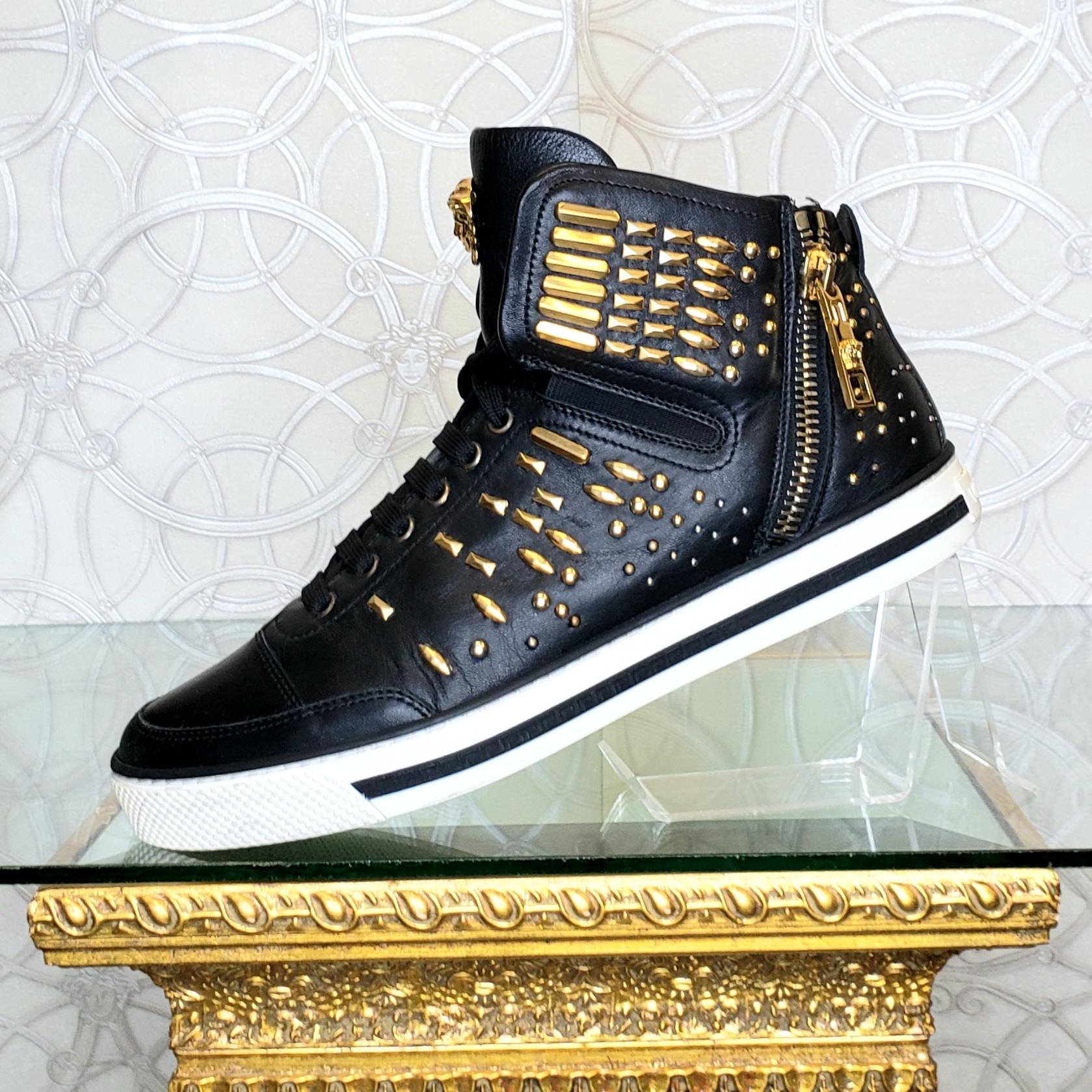 VERSACE STUDDED HIGH-TOP SNEAKERS with GOLD MEDUSA side ZIPPER In New Condition In Montgomery, TX