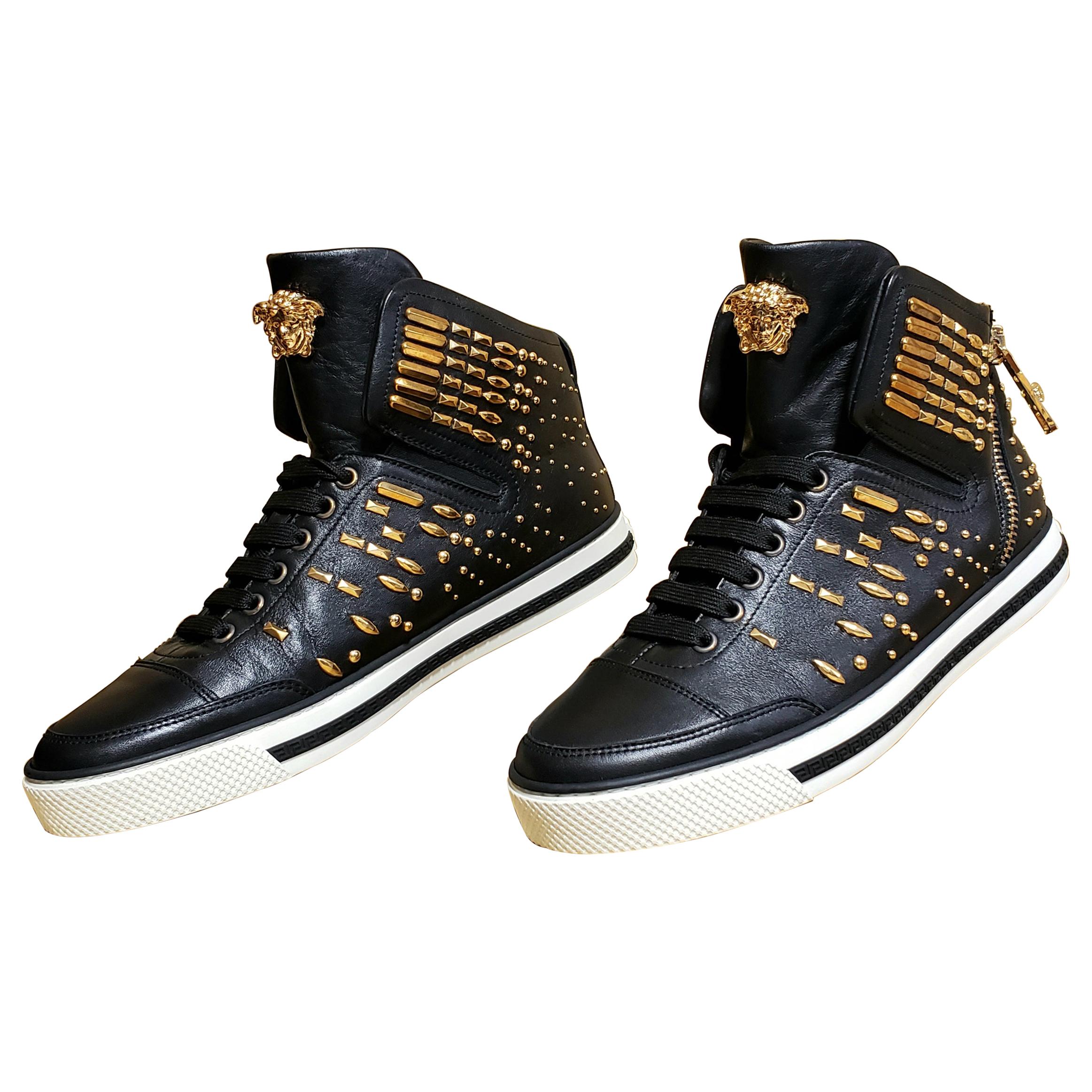 VERSACE STUDDED HIGH-TOP SNEAKERS with GOLD MEDUSA side ZIPPER at 1stDibs |  versace high top sneakers, black and gold versace shoes, black and gold  high top sneakers