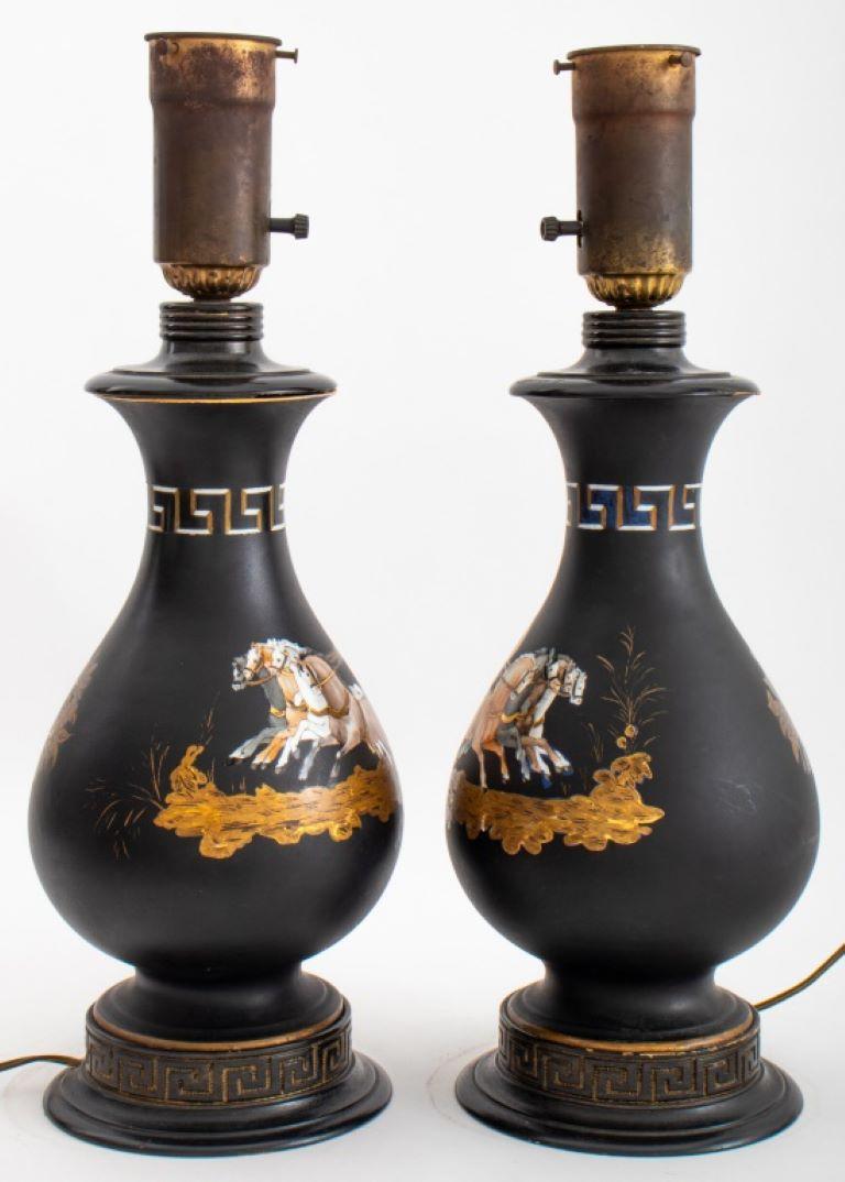 20th Century Versace Style Ceramic Vase Mounted Lamps, Pair For Sale