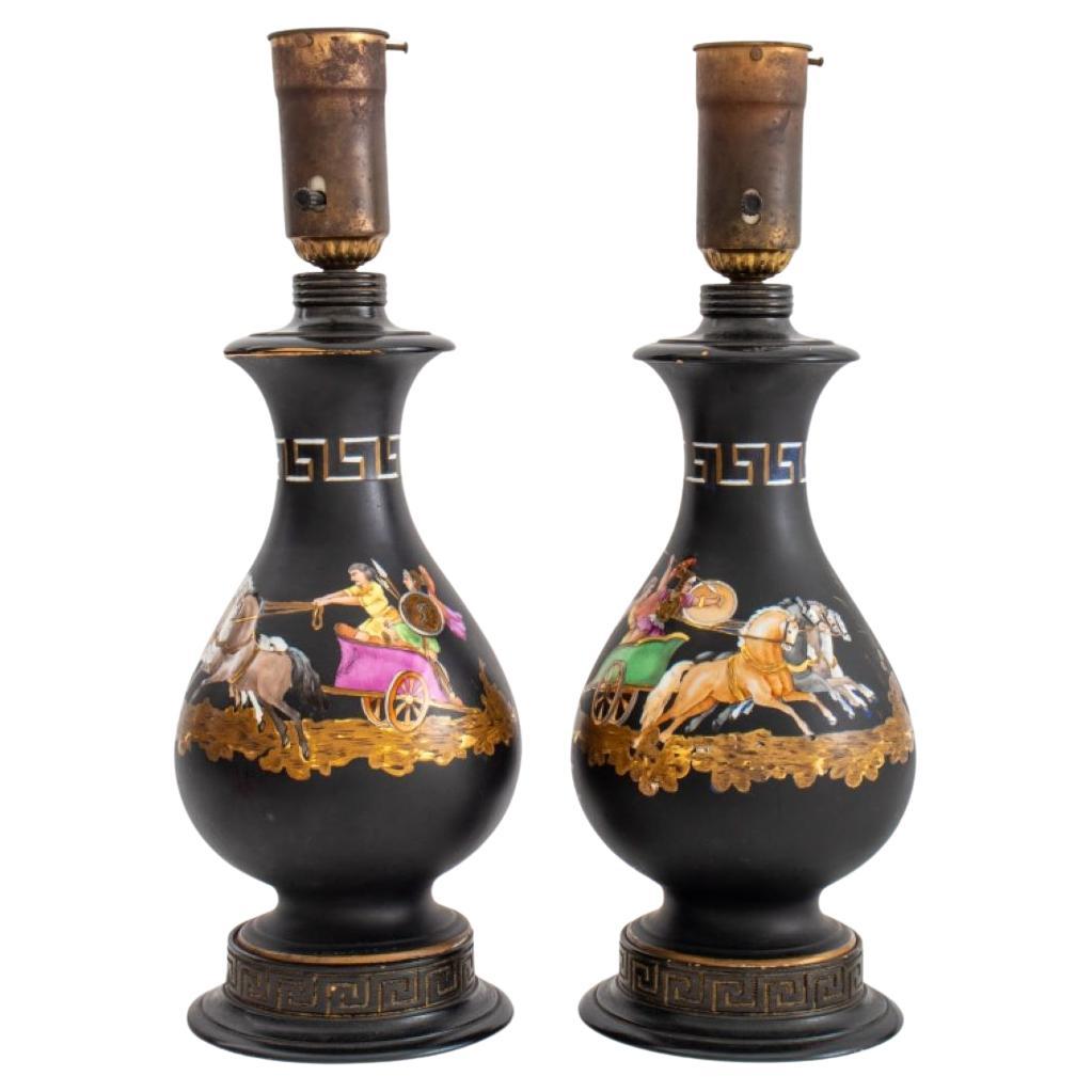 Versace Style Ceramic Vase Mounted Lamps, Pair For Sale
