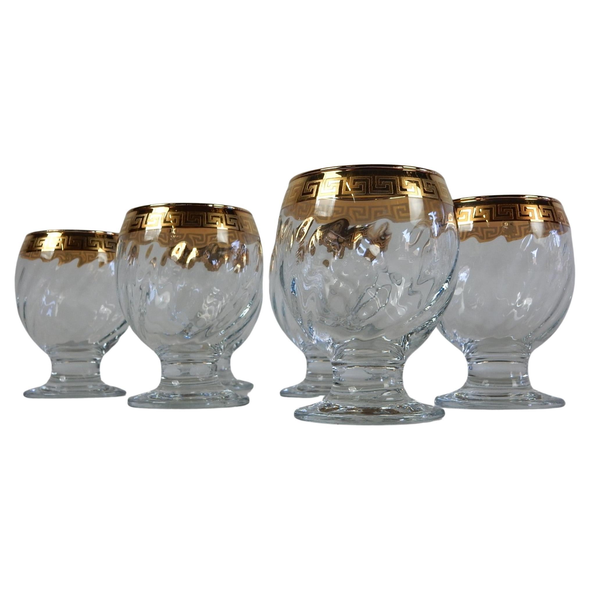 Baroque Versace style Champagne Wine and Rocks Stem Barware Glass Set w/ Gold Greek Key For Sale