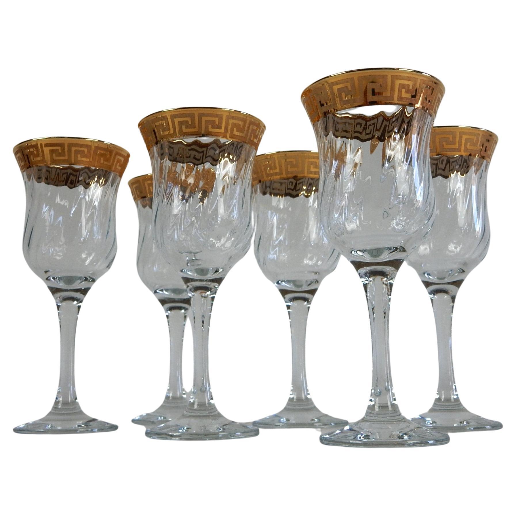 Versace style Champagne Wine and Rocks Stem Barware Glass Set w/ Gold Greek Key In Good Condition For Sale In Las Vegas, NV