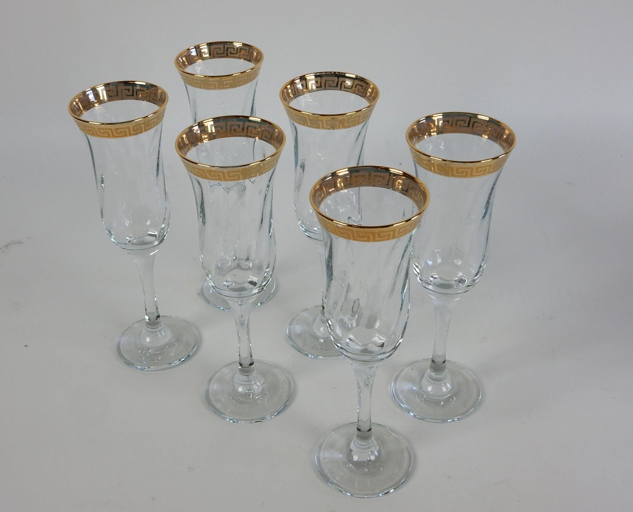 Late 20th Century Versace style Champagne Wine and Rocks Stem Barware Glass Set w/ Gold Greek Key For Sale