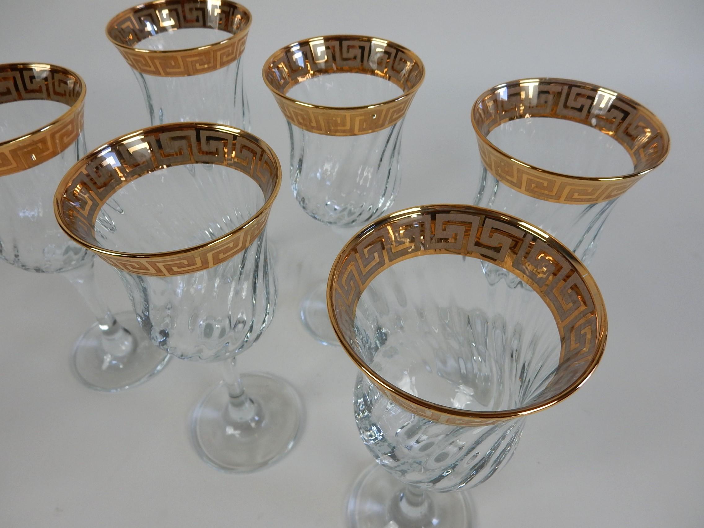 Versace style Champagne Wine and Rocks Stem Barware Glass Set w/ Gold Greek Key For Sale 1