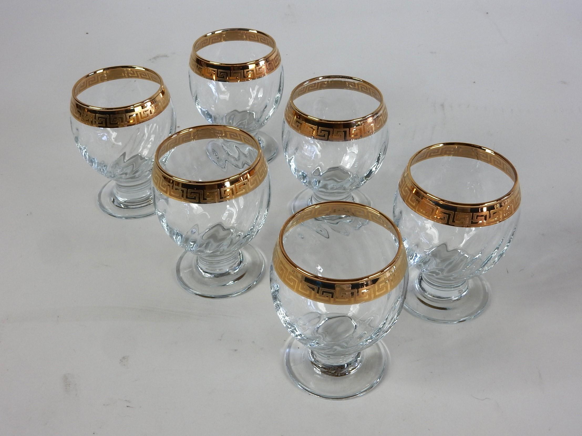 Versace style Champagne Wine and Rocks Stem Barware Glass Set w/ Gold Greek Key For Sale 2