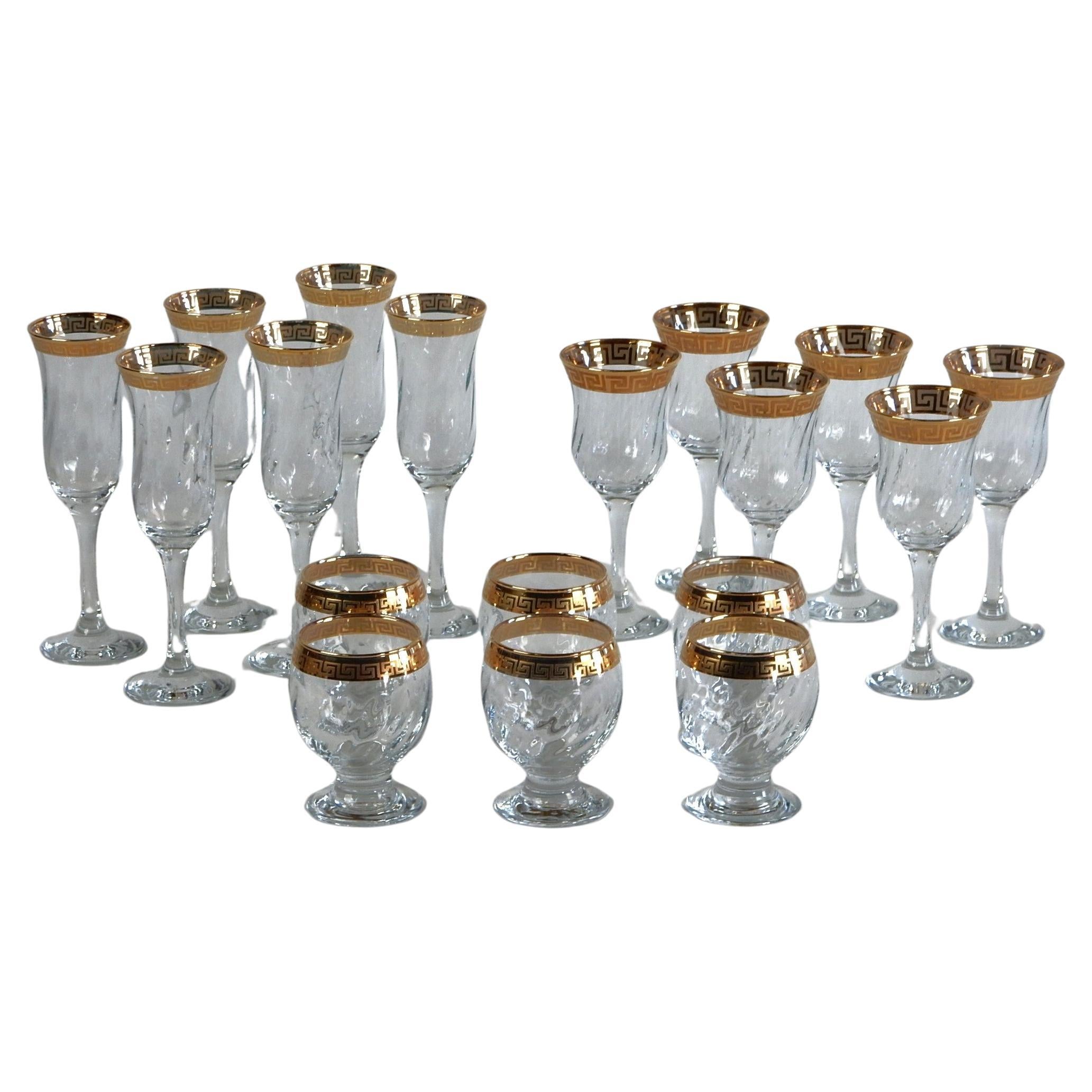 Versace style Champagne Wine and Rocks Stem Barware Glass Set w/ Gold Greek Key For Sale