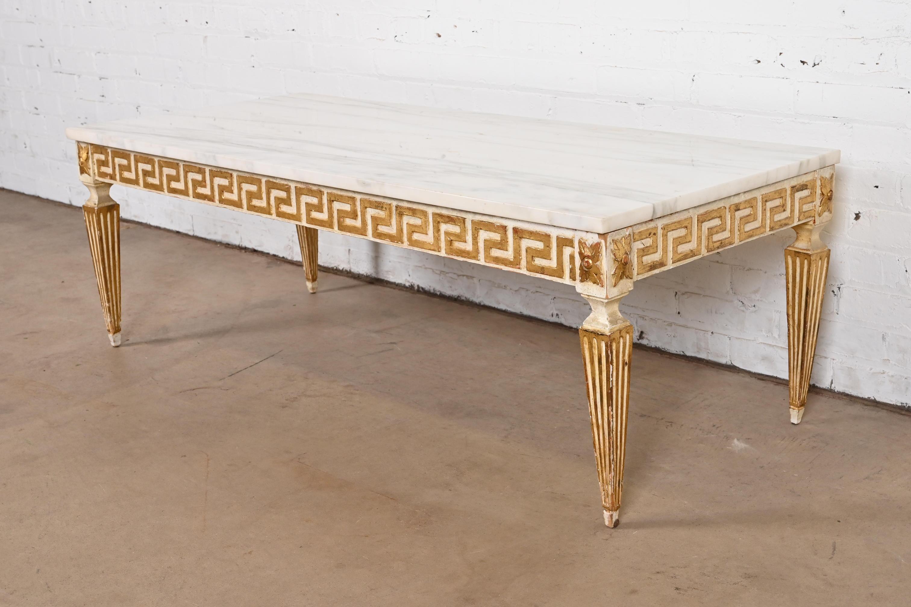 Versace Style Italian Neoclassical Marble Top Greek Key Cocktail Table In Good Condition In South Bend, IN