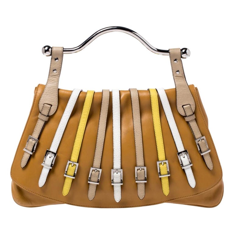 Versace Tan Leather Flap Strap Satchel For Sale