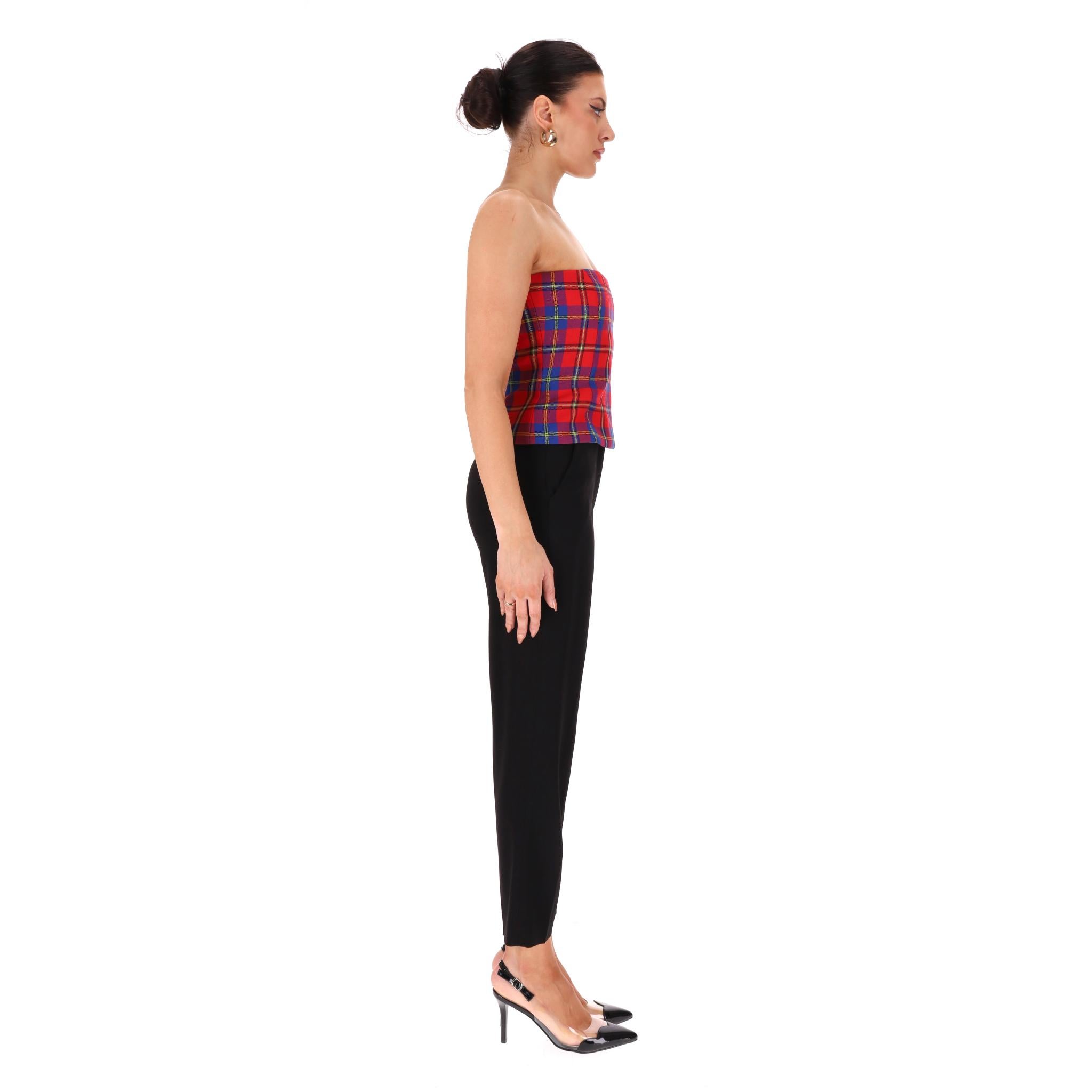 Red Versace Tartan Check Bandeau Corset Wool Top For Sale