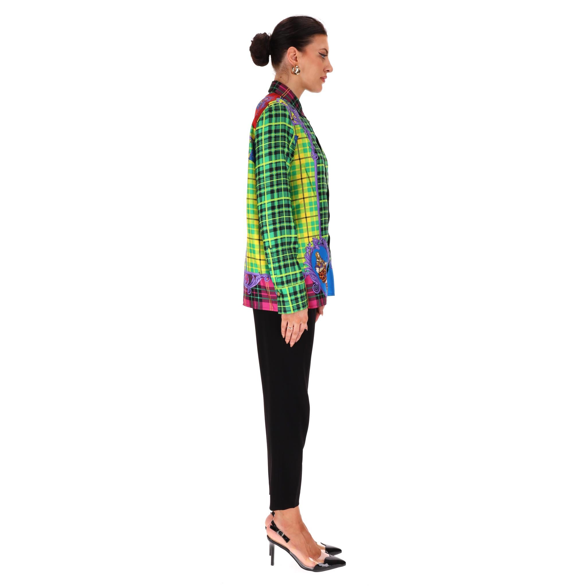 Blue Versace Tartan Check 'The Clans' Silk Shirt For Sale