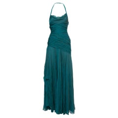 Versace Teal Blue Crinkled Chiffon Raw-Edge Detail Gown Dress S