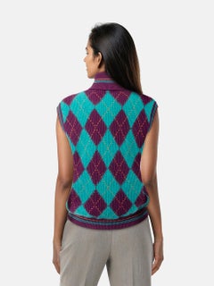 Versace Teal & Purple Wool Argyle Knit Vest Size XXL