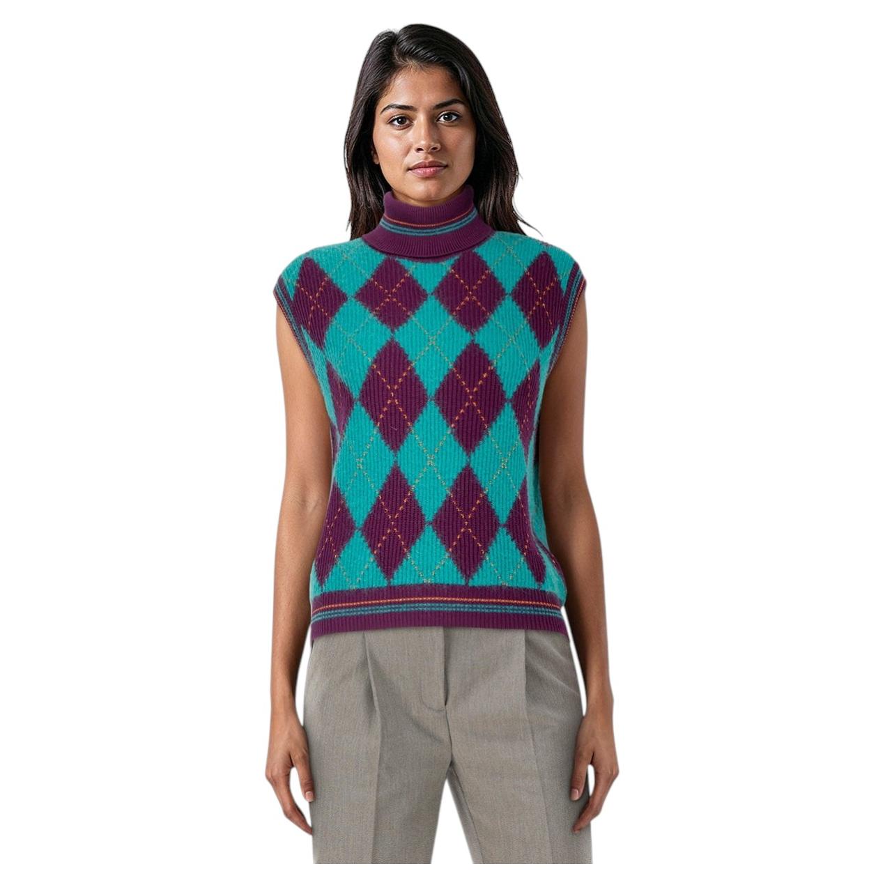 Versace Teal & Purple Wool Argyle Knit Vest Size XXL