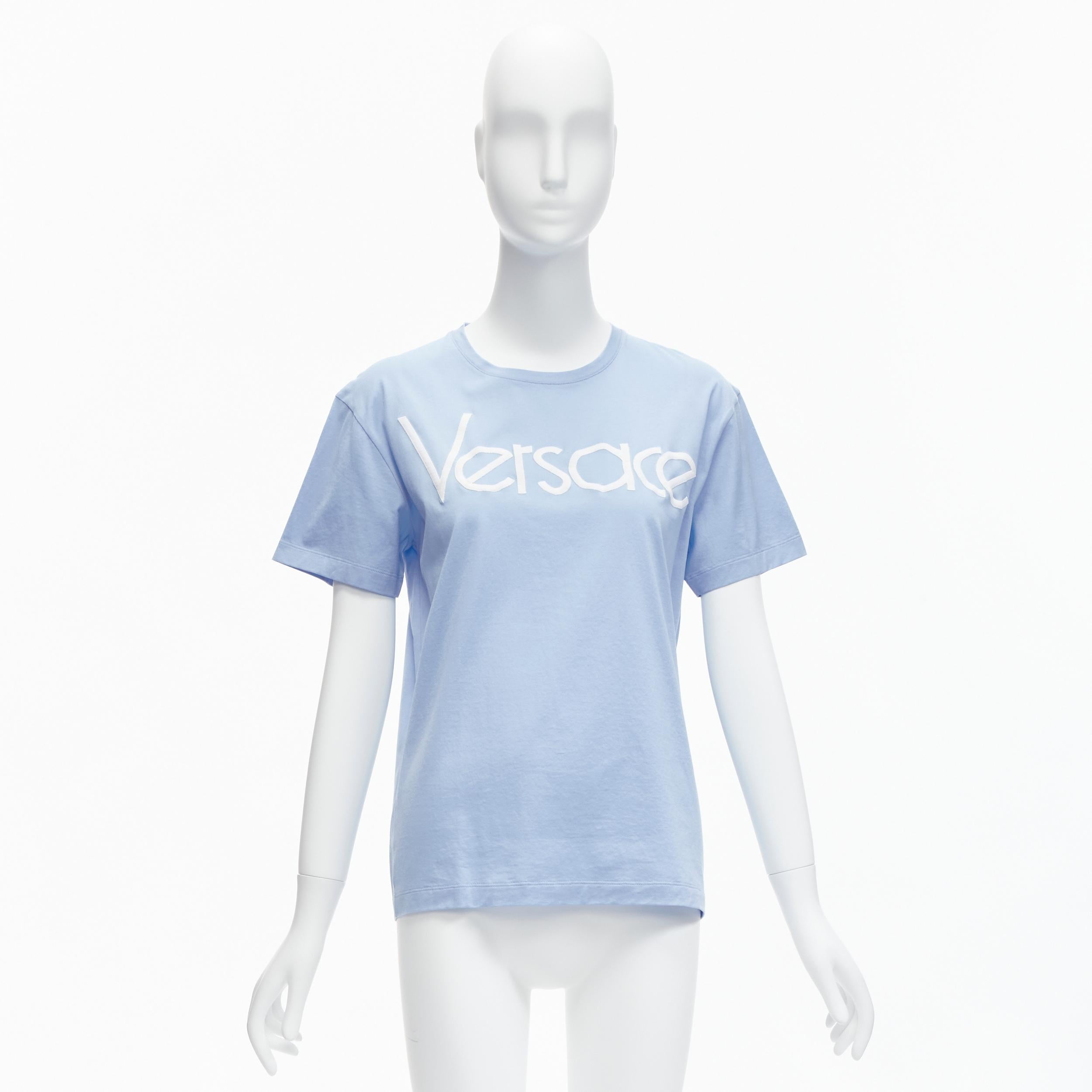 VERSACE Tribute 90s logo pastel blue cotton boxy round neck tshirt IT36 XXS 5