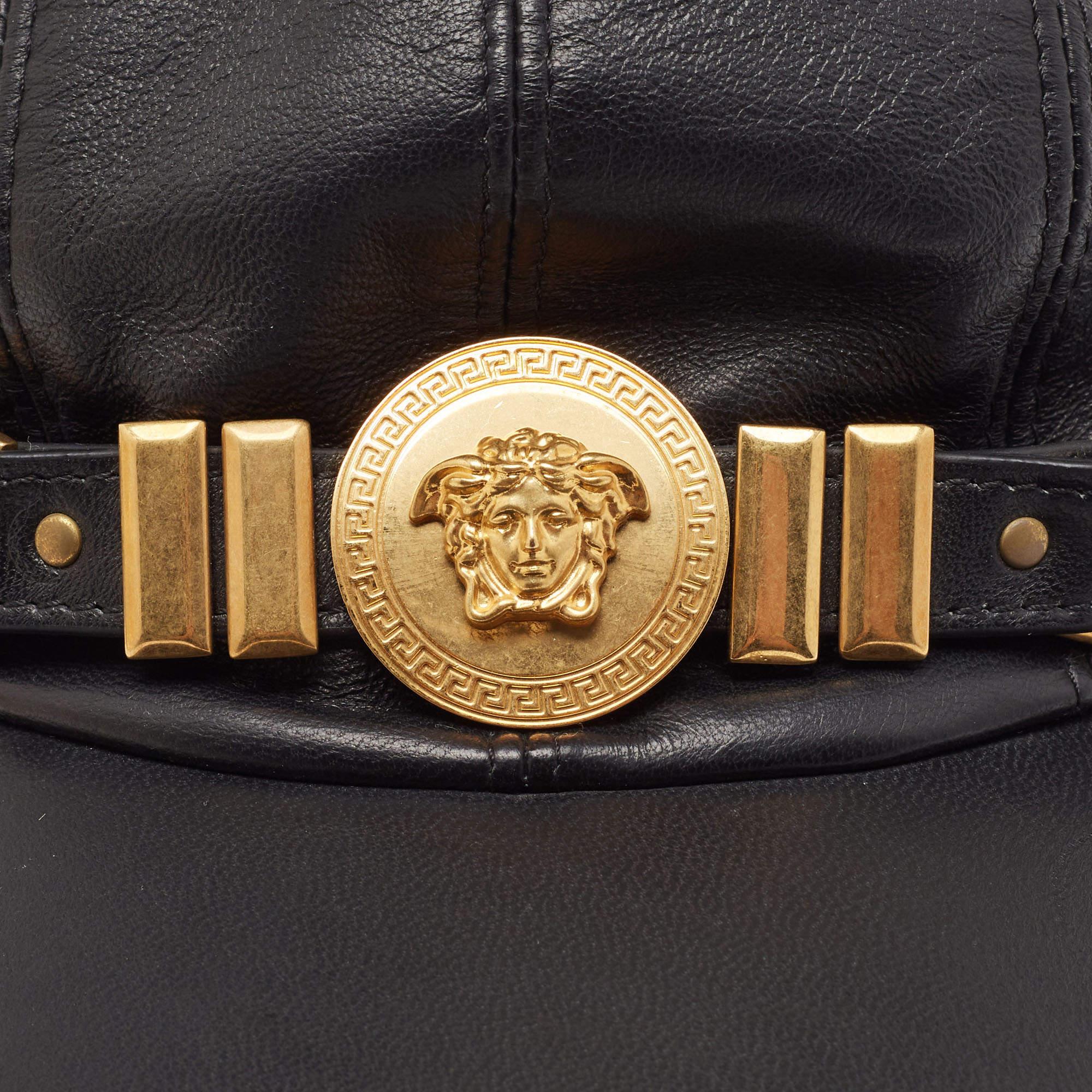 Versace Tribute Black Leather Medusa Medalion Baseball Cap Size 57 In Good Condition In Dubai, Al Qouz 2