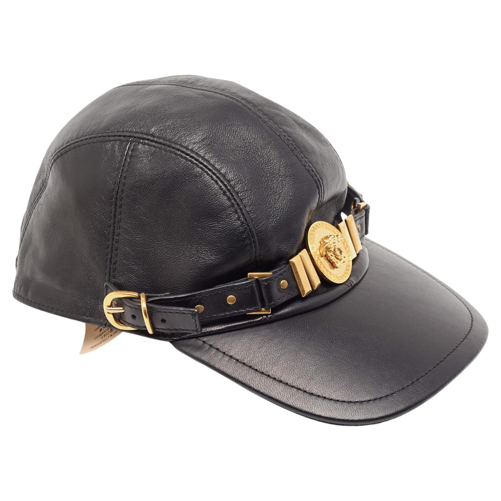 Versace Tribute Black Leather Medusa Medalion Baseball Cap Size 57 For Sale