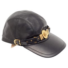 Used Versace Tribute Black Leather Medusa Medalion Baseball Cap Size 57