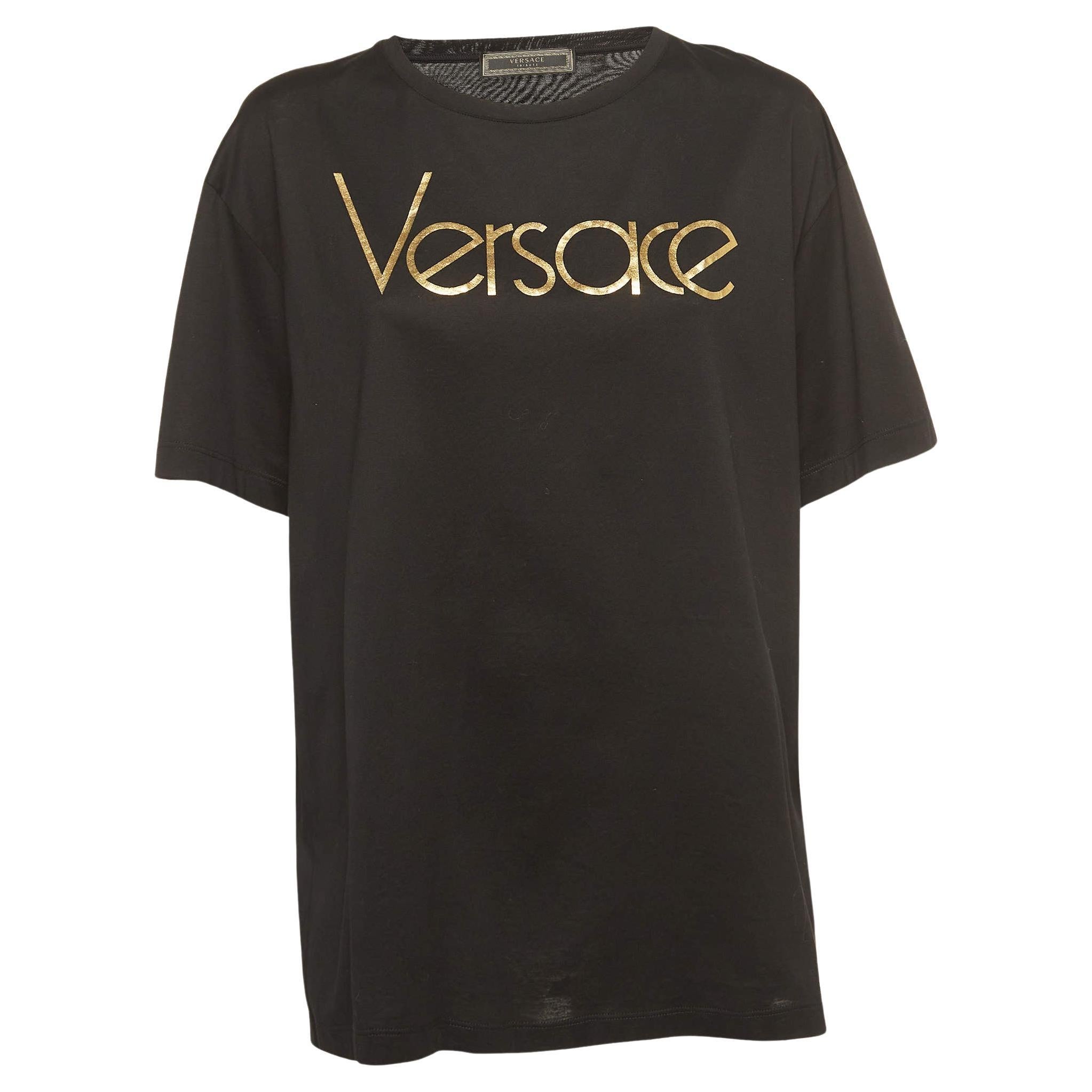 Versace Tribute Black Logo Cotton T-Shirt L For Sale