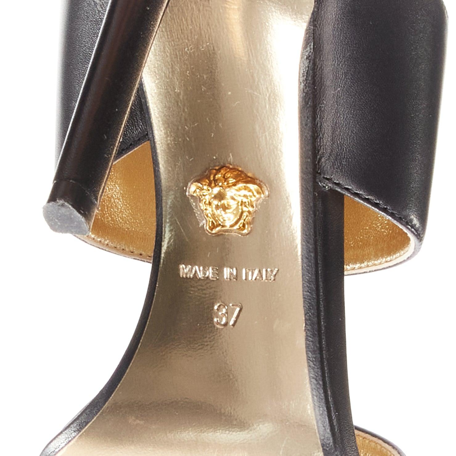 VERSACE Tribute gold Medusa buckle black double strap high heel mule sandals For Sale 4