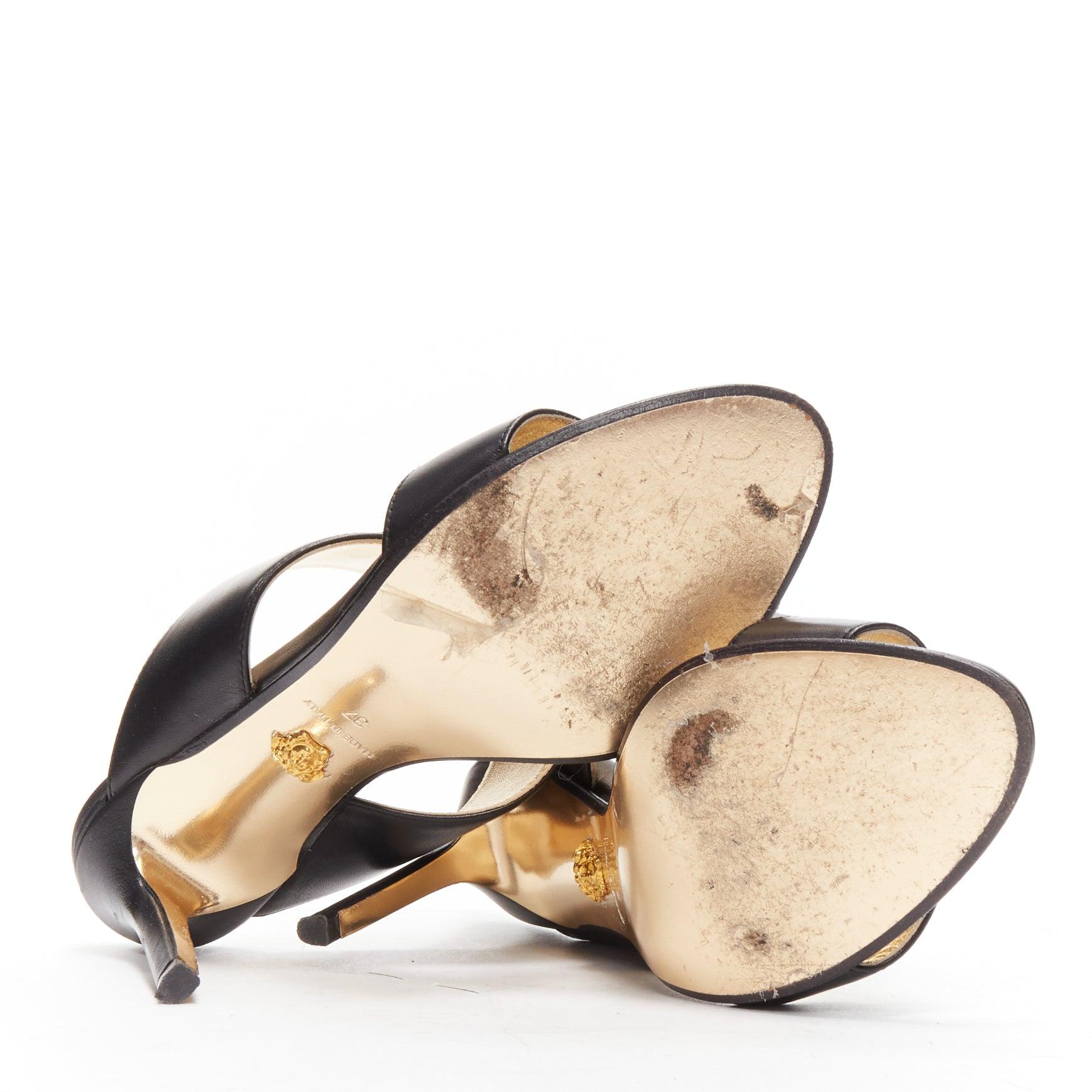 VERSACE Tribute gold Medusa buckle black double strap high heel mule sandals For Sale 5