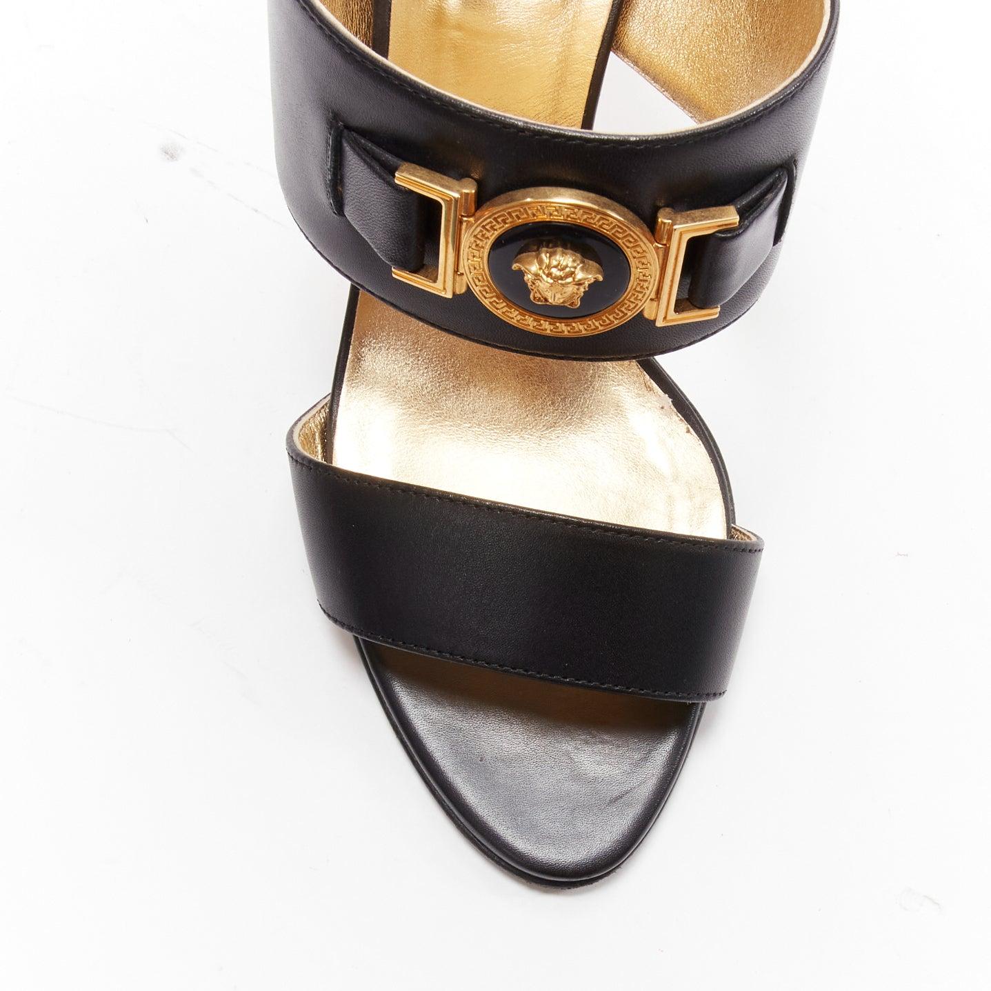Women's VERSACE Tribute gold Medusa buckle black double strap high heel mule sandals For Sale