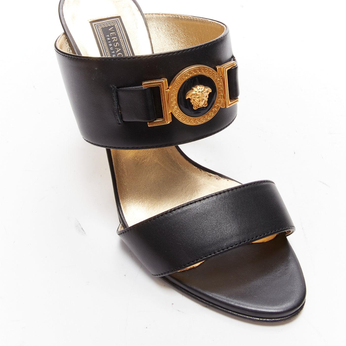 VERSACE Tribute gold Medusa buckle black double strap high heel mule sandals For Sale 1