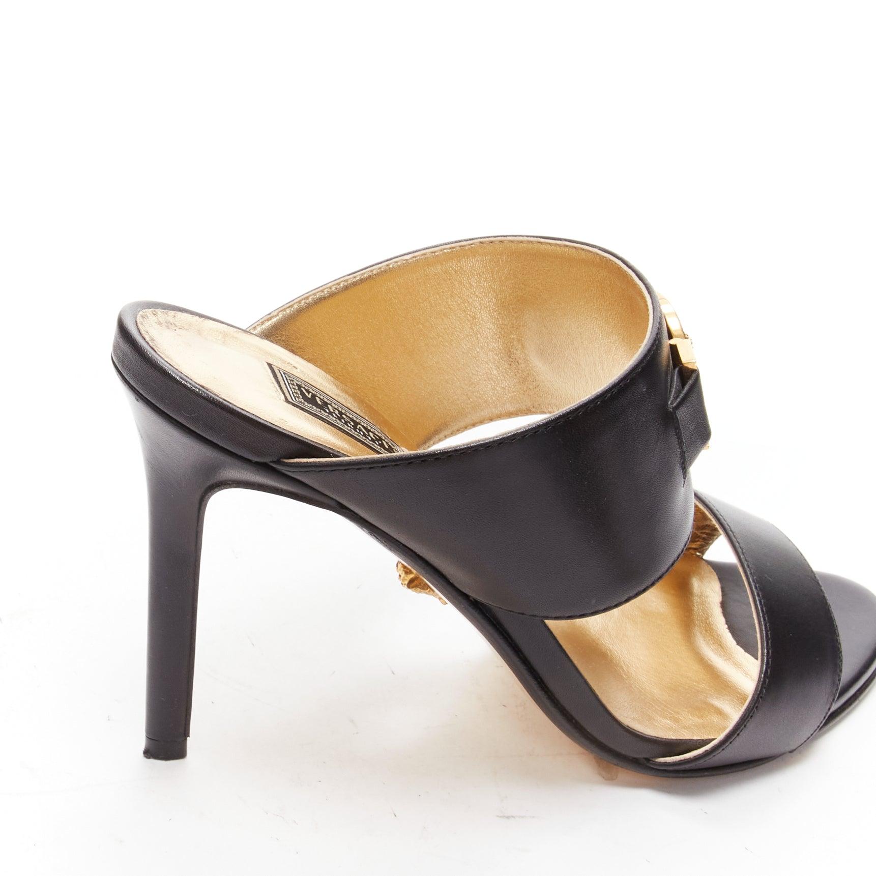 VERSACE Tribute gold Medusa buckle black double strap high heel mule sandals For Sale 2