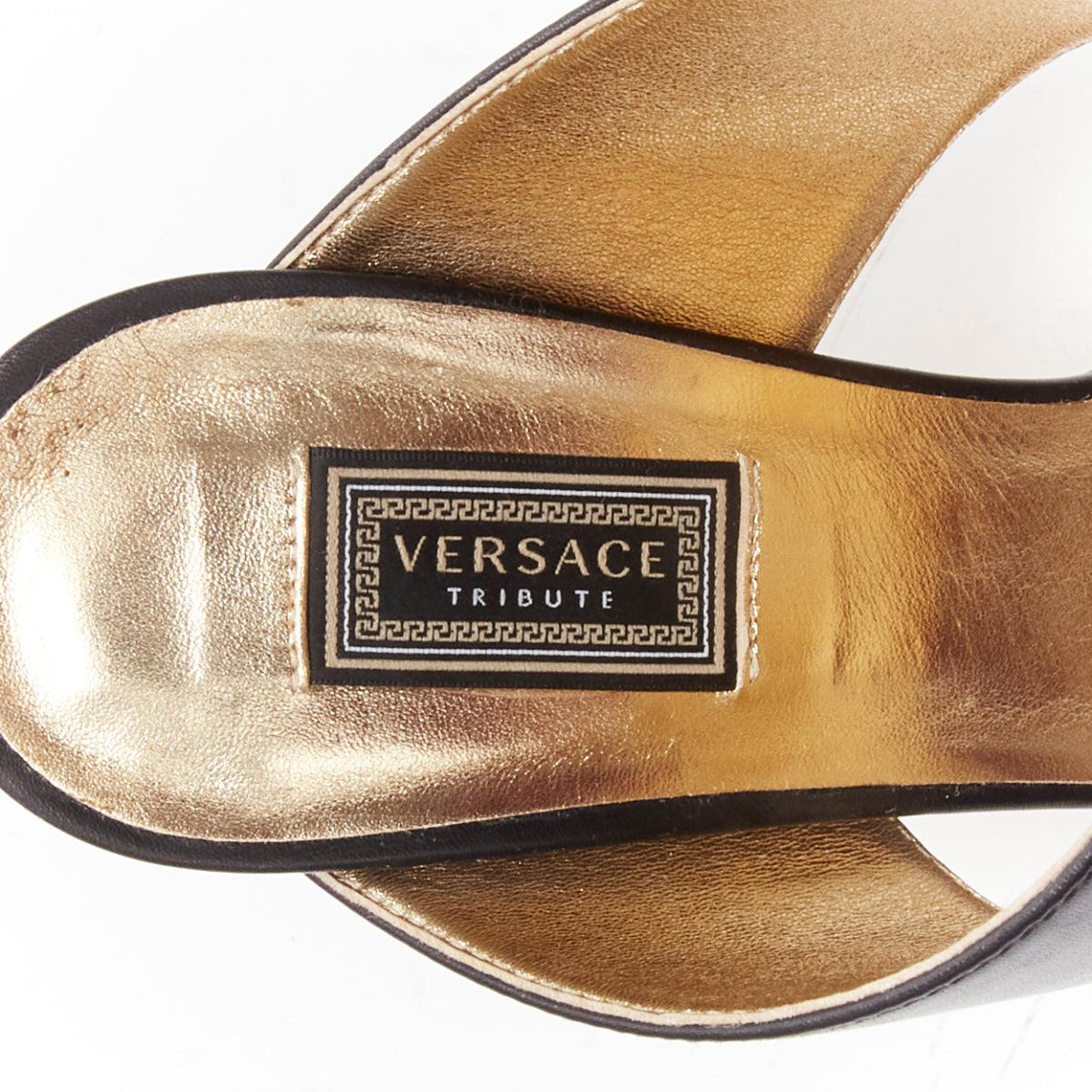 VERSACE Tribute gold Medusa buckle black double strap high heel mule sandals For Sale 3
