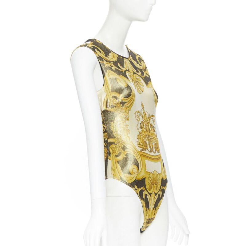 Beige VERSACE Tribute SS18 Runway Baroque Cherub gold black lurex bodysuit IT38 XS