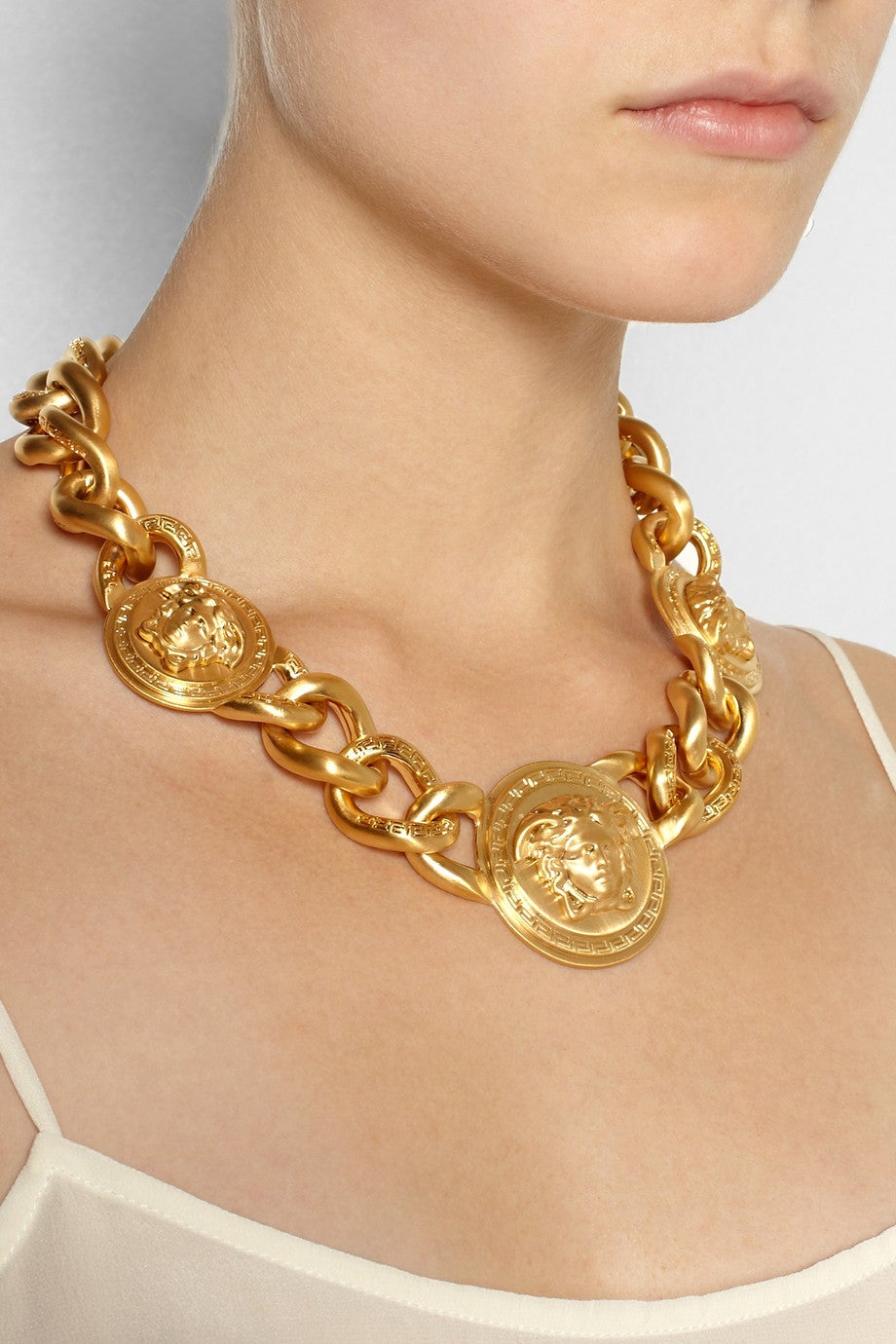 Baroque Versace Triple Medusa Charm 24K Gold Plated Chain Necklace as seen on Bella
