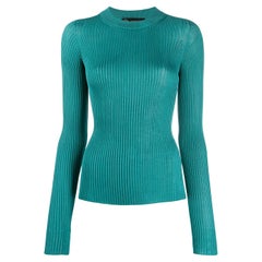 Versace Turquoise Blue Long Sleeve Ribbed Knit Pullover Top Size 38