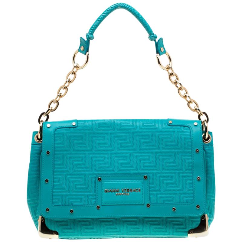 Versace Turquoise Leather Flap Shoulder Bag