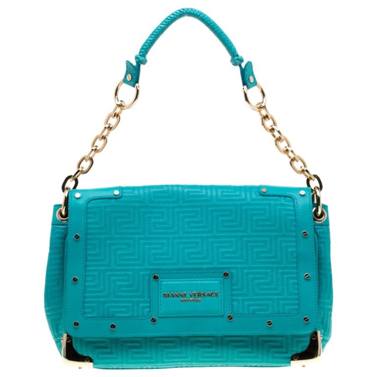 Versace Turquoise Leather Flap Shoulder Bag