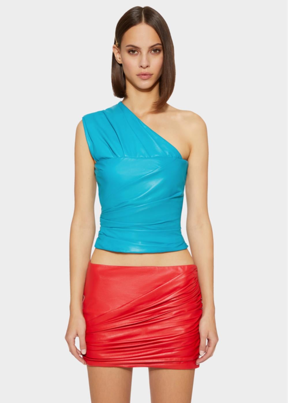 Versace Turquoise Leather One Shoulder Ruched Bustier Blue Top Size 40 In New Condition In Paradise Island, BS