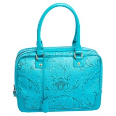 Versace Turquoise Printed Coated Canvas and Leather Zip Boston Bag
