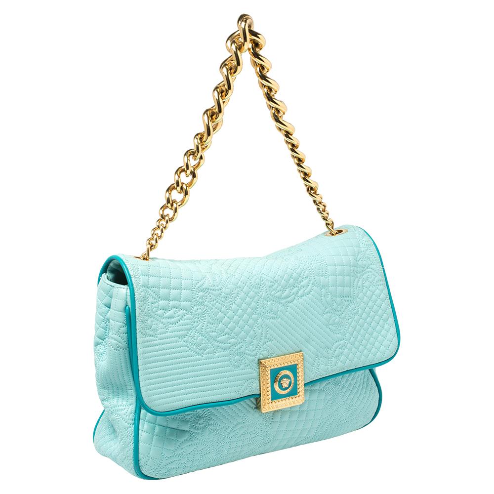 Blue Versace Turquoise Quilted Leather Vanitas Chain Shoulder Bag