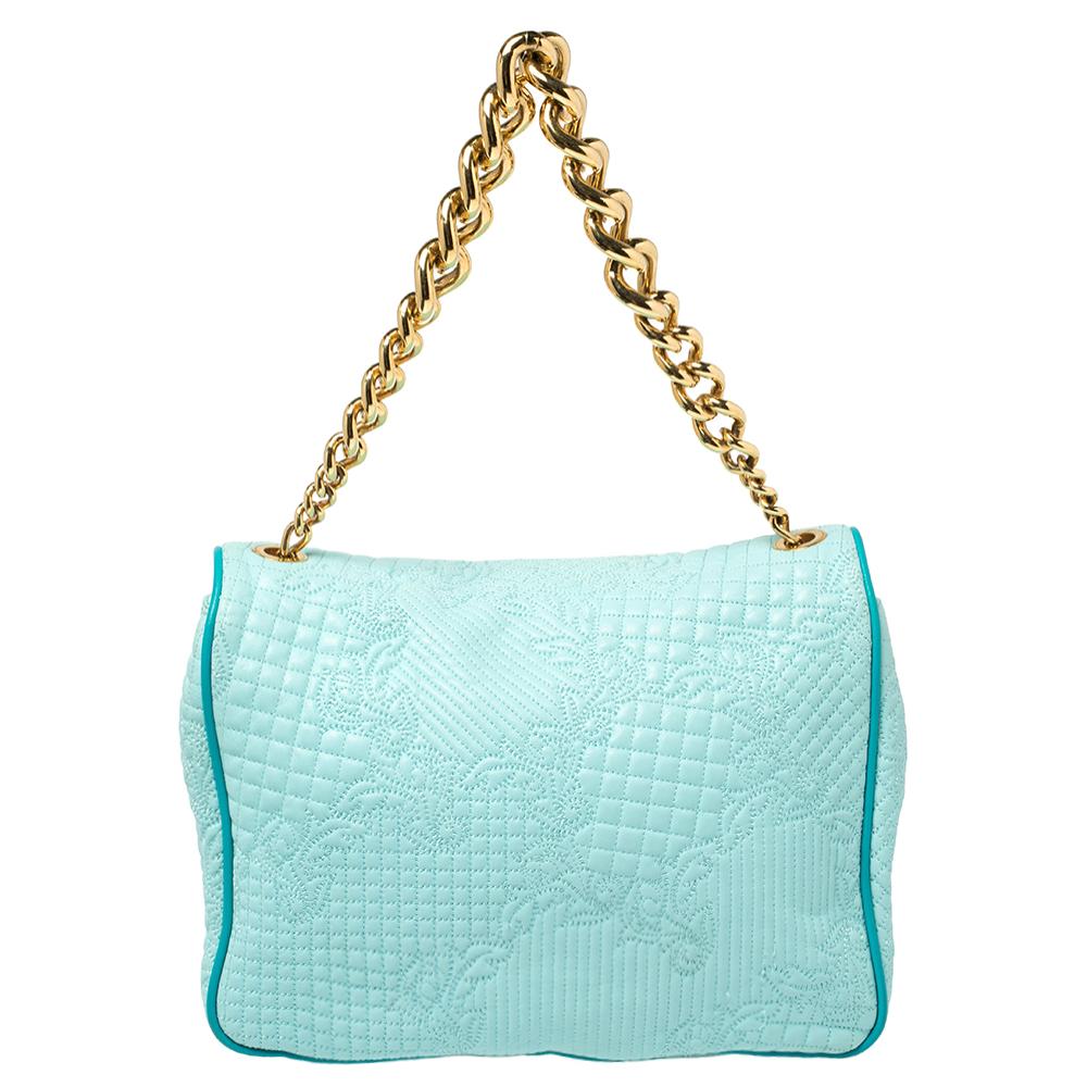 Versace Turquoise Quilted Leather Vanitas Chain Shoulder Bag In Good Condition In Dubai, Al Qouz 2