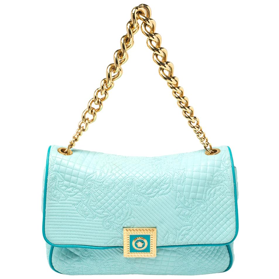 Versace Turquoise Quilted Leather Vanitas Chain Shoulder Bag