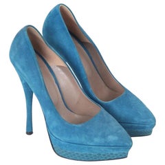 Versace Turquoise Suede Pointed-Toe Platform Pumps Heels Size 35