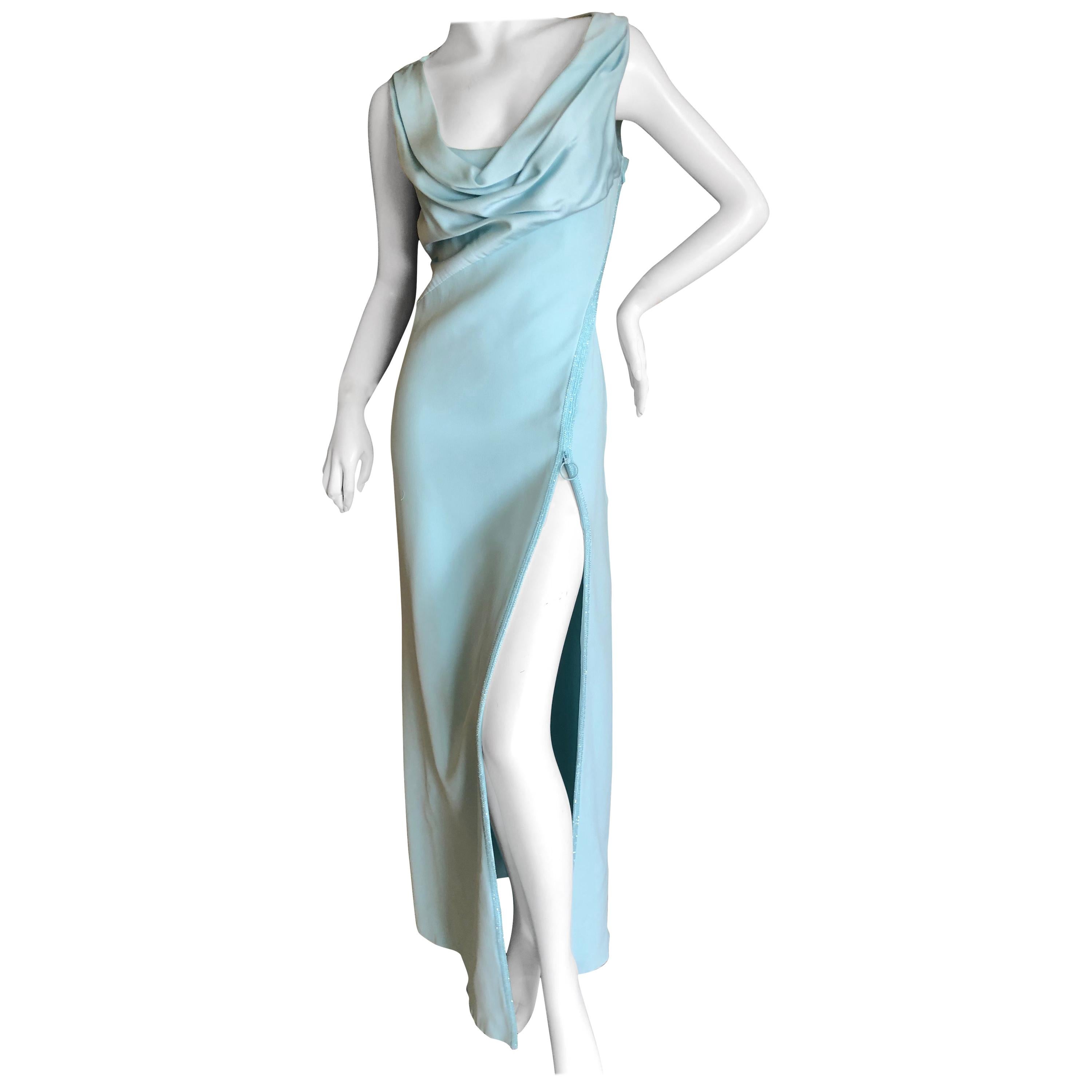 Versace Turquoise Vintage Evening Dress w Swarovski Crystal "Zipper" Trim Sz 46 For Sale
