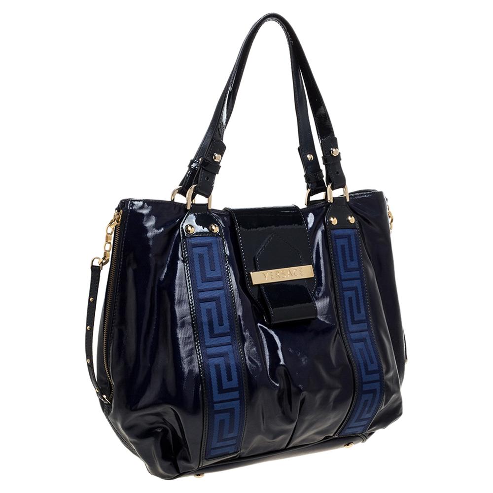 Black Versace Two Tone Blue Patent Vinyl and Leather Side Zip Tote