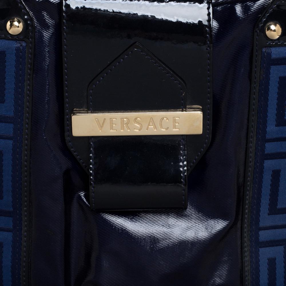 Versace Two Tone Blue Patent Vinyl and Leather Side Zip Tote 2