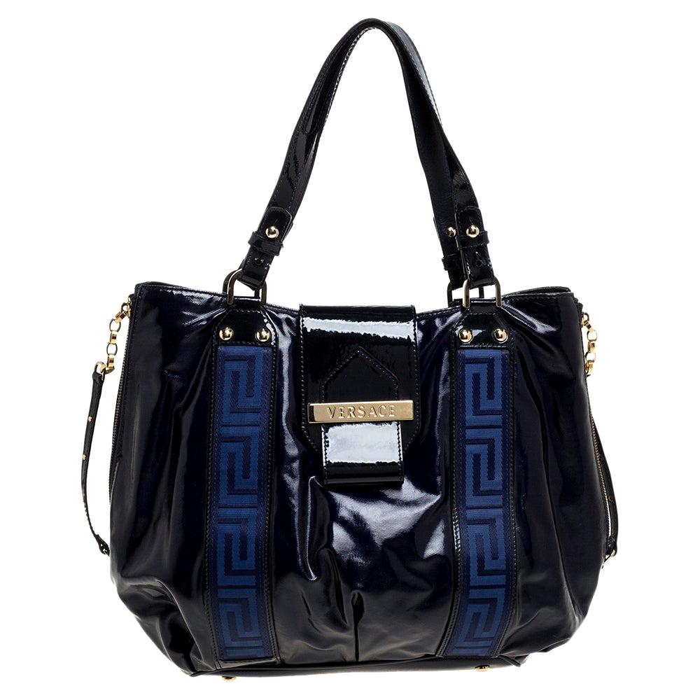 Versace Two Tone Blue Patent Vinyl and Leather Side Zip Tote