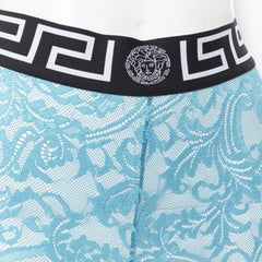 VERSACE Underwear Medusa Greca waist band blue floral lace tights L