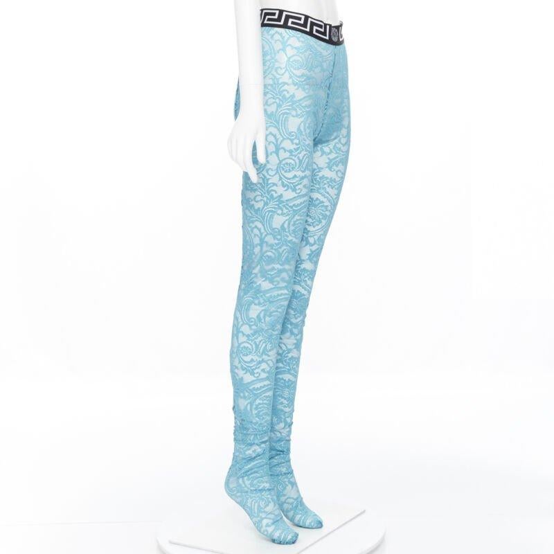 Blue VERSACE Underwear Medusa Greca waist band blue floral lace tights L For Sale