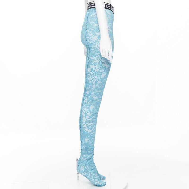 VERSACE Underwear Medusa Greca waist band blue floral lace tights L In New Condition For Sale In Hong Kong, NT