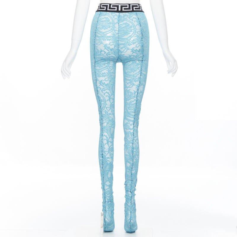 Women's VERSACE Underwear Medusa Greca waist band blue floral lace tights L For Sale