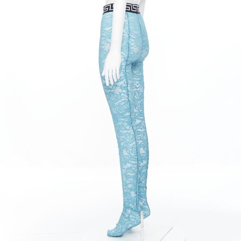 VERSACE Underwear Medusa Greca waist band blue floral lace tights L For Sale 1