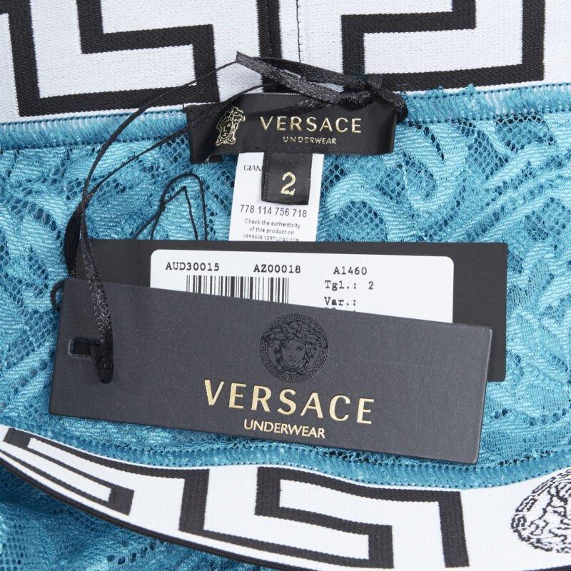 VERSACE Underwear Medusa Greca waist band blue floral lace tights L For Sale 3